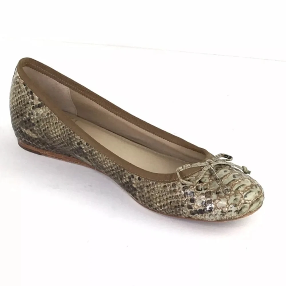 10022-Shoe Saks Fifth‎ Avenue Green/Brown Leather Snake Skin Bow Flats Sz 7